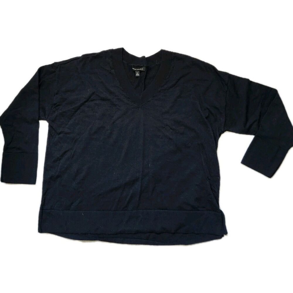 Banana Republic 100% Merino Wool Knit Black V Neck Sweater Lightweight XXL EUC